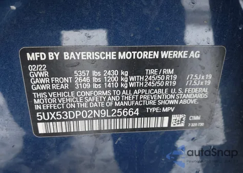 2022 BMW X3 xDrive30I z USA, uszkodzony, nr VIN 5UX53DP02N9L25664